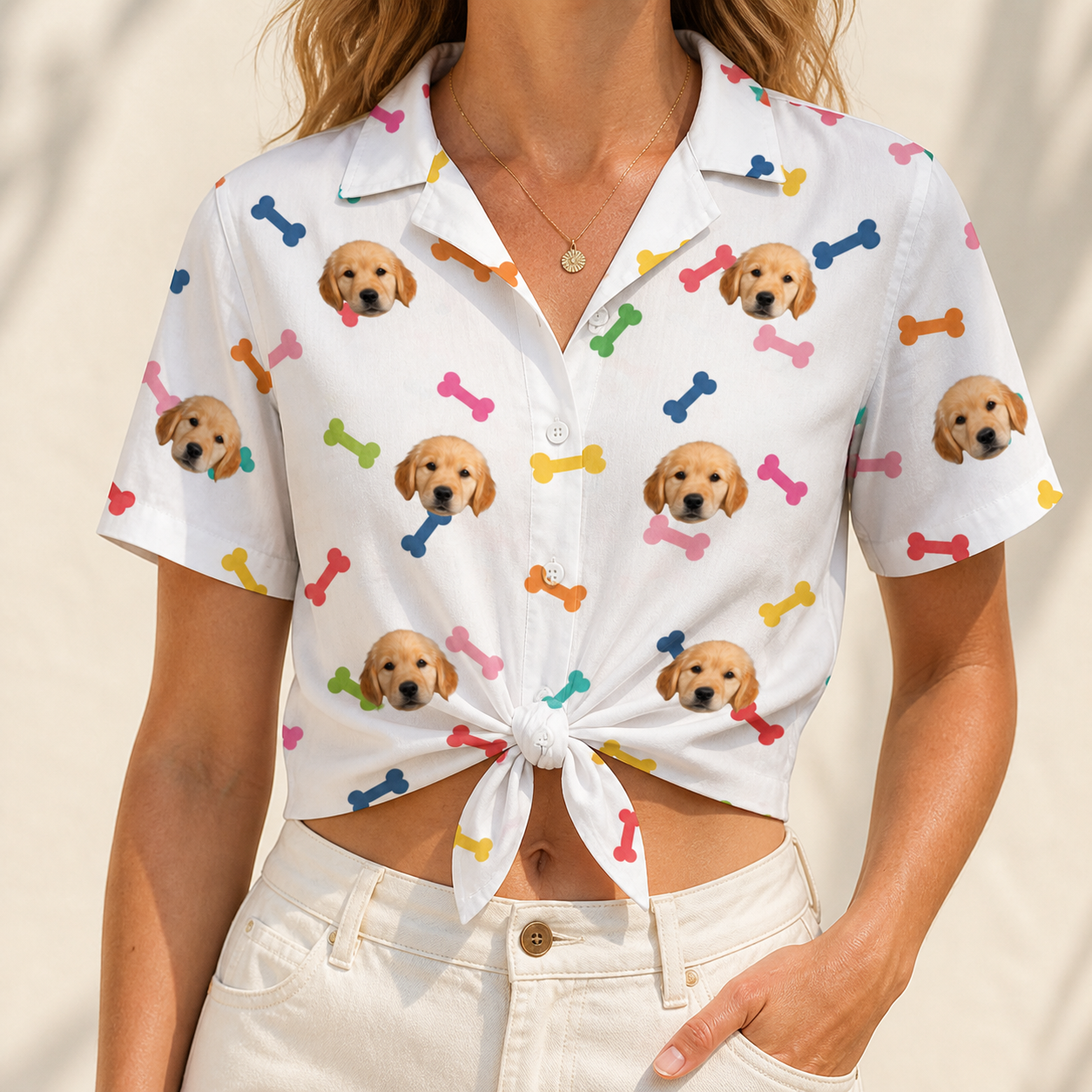 Woman wearing Women's Gnawvana Grove Custom Dog Face Hawaiian Shirt tied at the waist