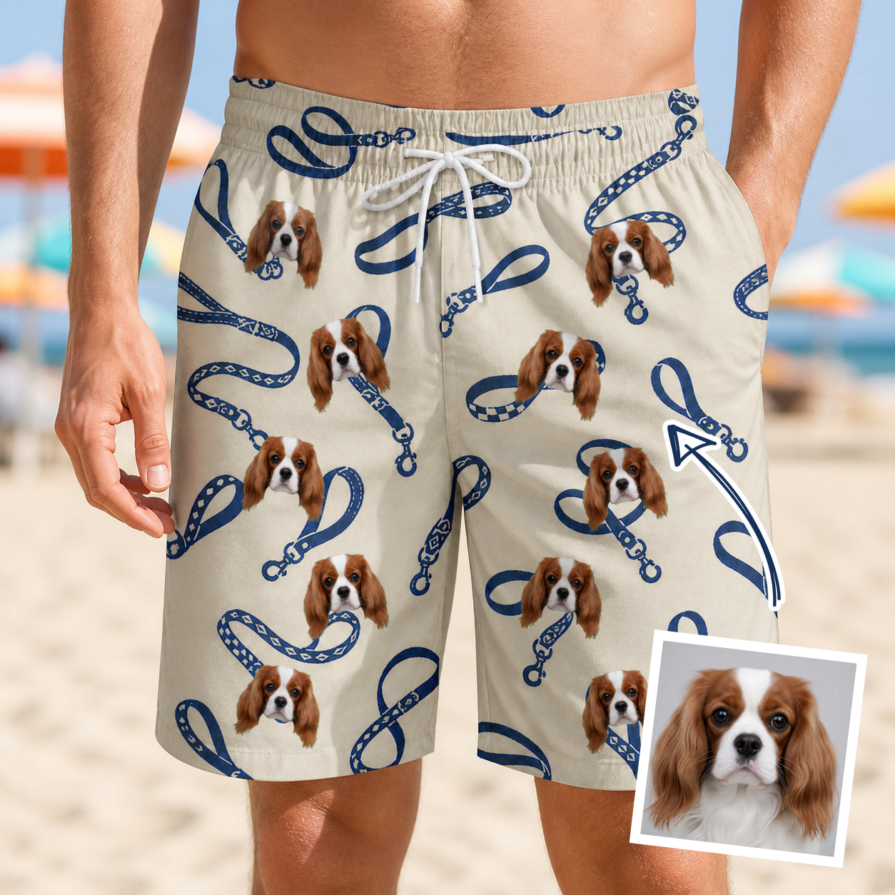 Man wearing Men's Leash Lineup Custom Dog Face Beach Shorts — custom faces printed all-over