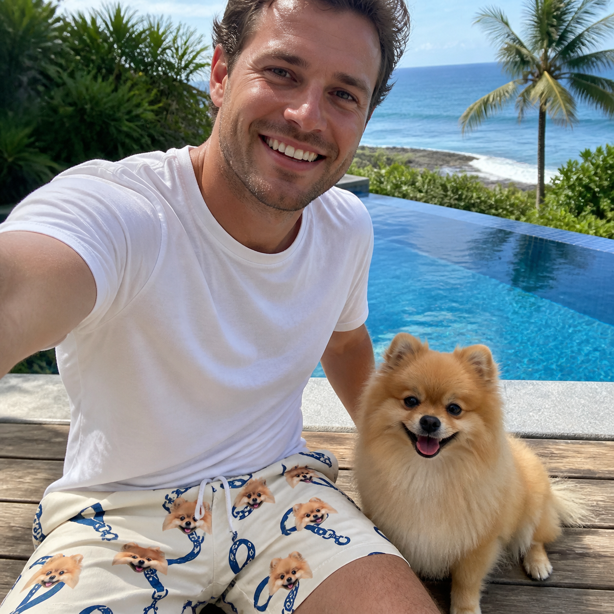 Selfie with the pet whose face is printed all over this Men's Leash Lineup Custom Dog Face Beach Shorts