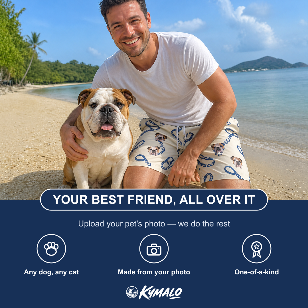 Friends in matching Men's Leash Lineup Custom Dog Face Beach Shorts — a group gift photo