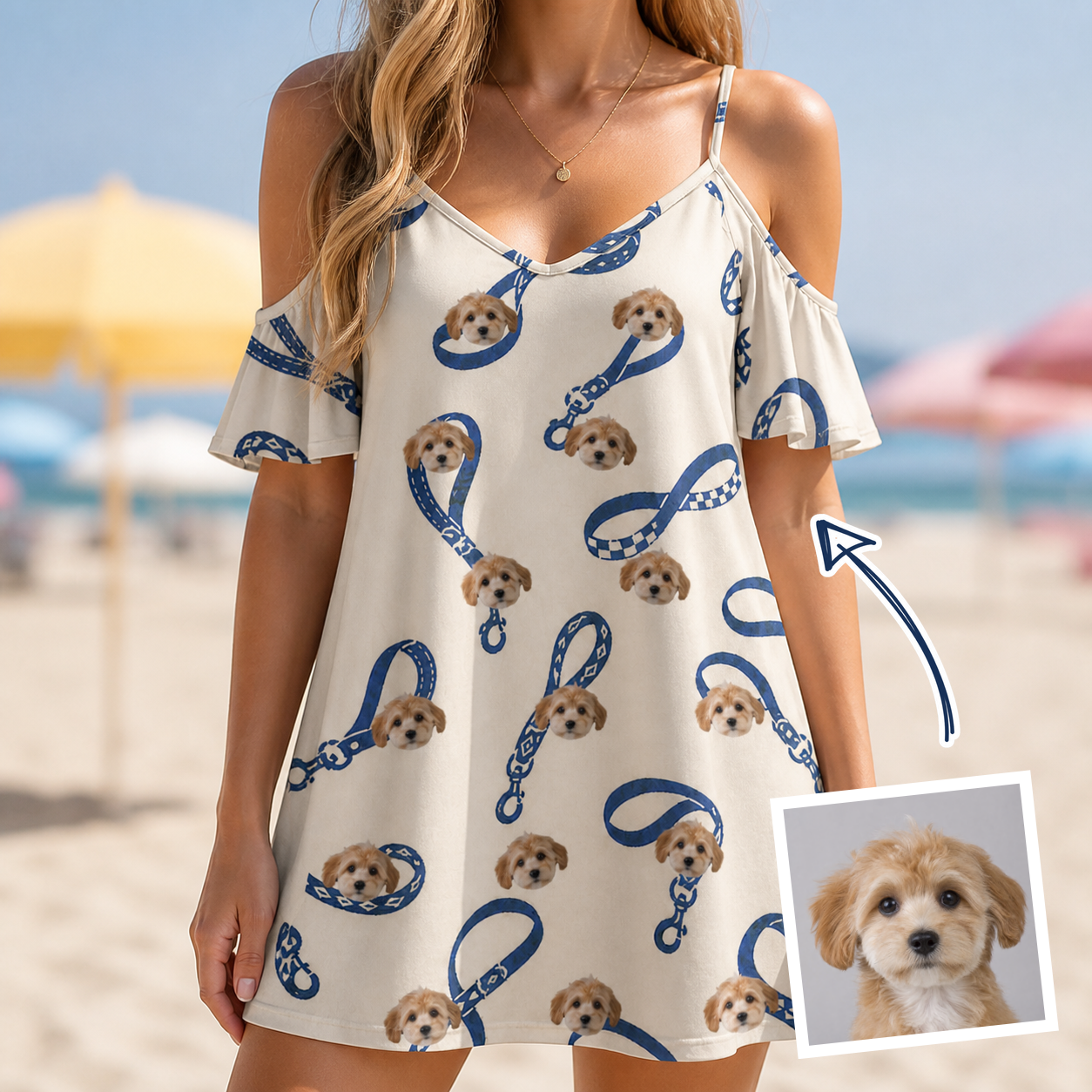 Woman wearing Women's Leash Lineup Custom Dog Face Off-Shoulder Dress — custom faces printed all-over