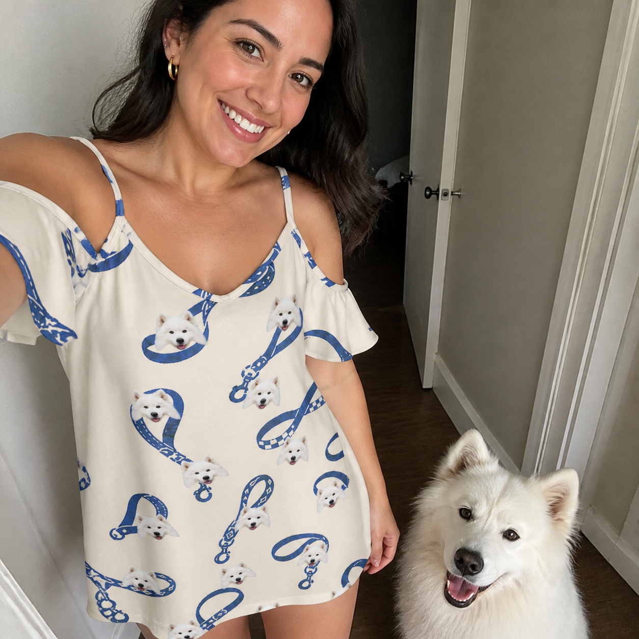 Selfie with the pet whose face is printed all over this Women's Leash Lineup Custom Dog Face Off-Shoulder Dress