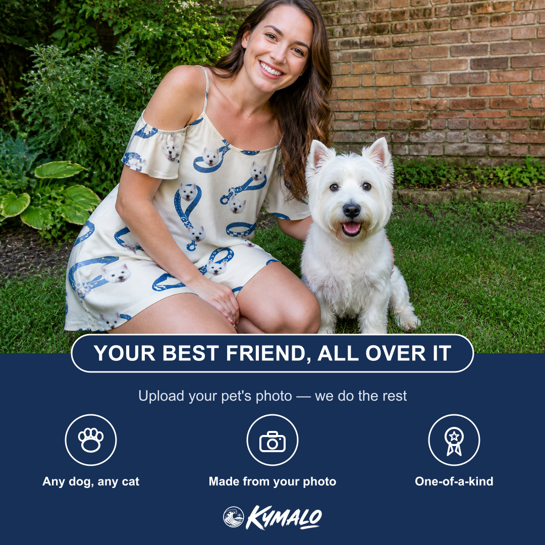 Friends in matching Women's Leash Lineup Custom Dog Face Off-Shoulder Dress — a group gift photo