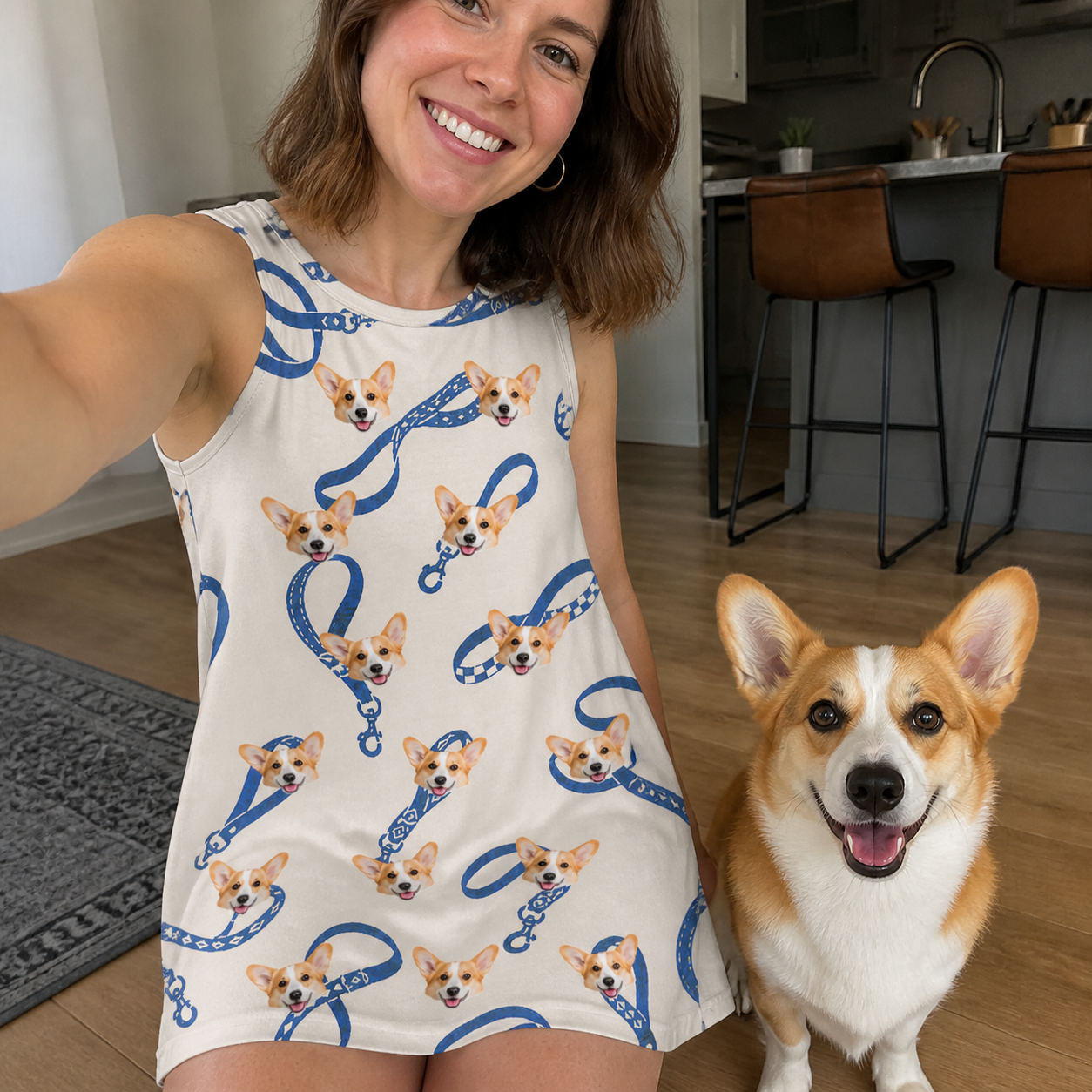 Selfie with the pet whose face is printed all over this Women's Leash Lineup Custom Dog Face Tank Dress