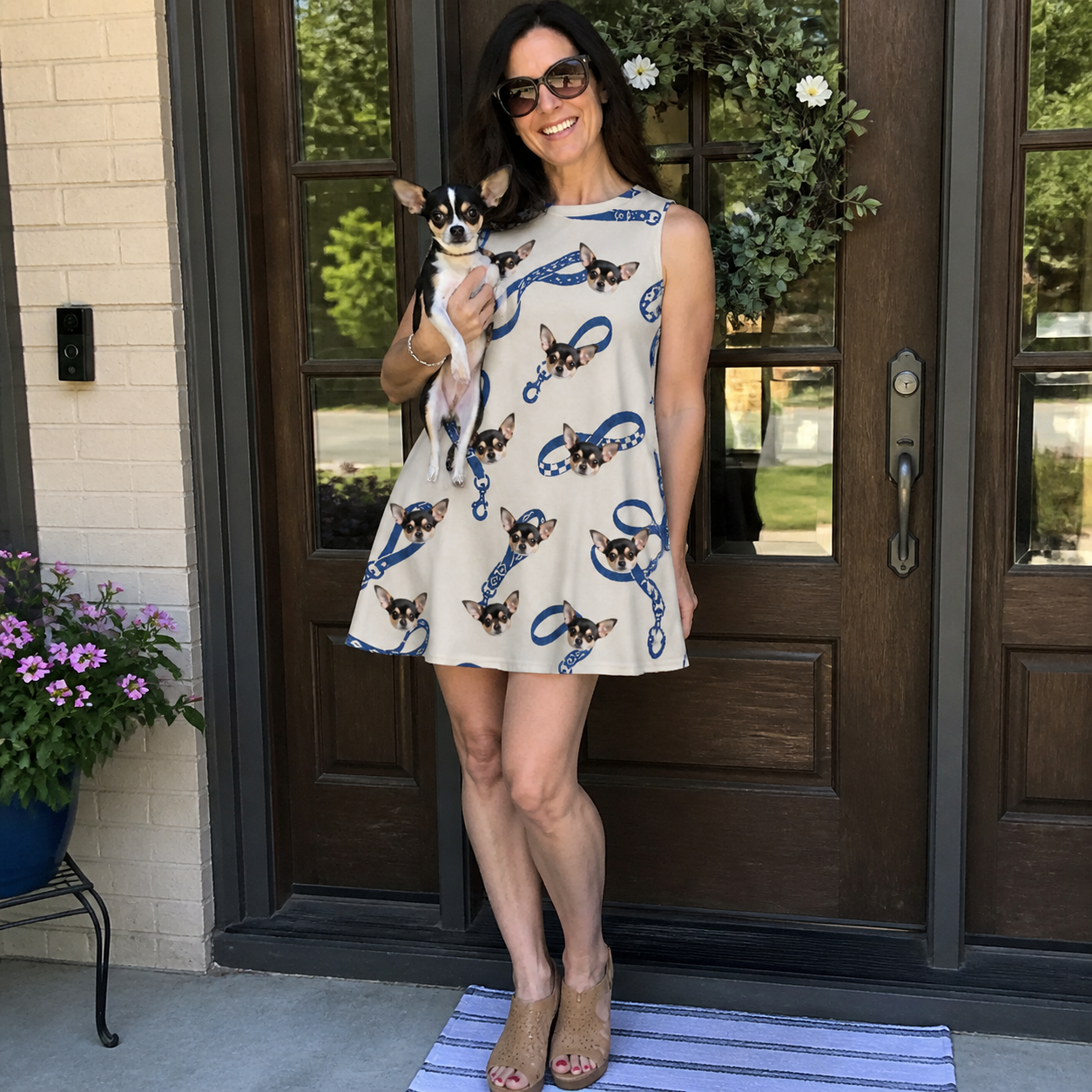 Full-length photo with the pet printed all over this Women's Leash Lineup Custom Dog Face Tank Dress