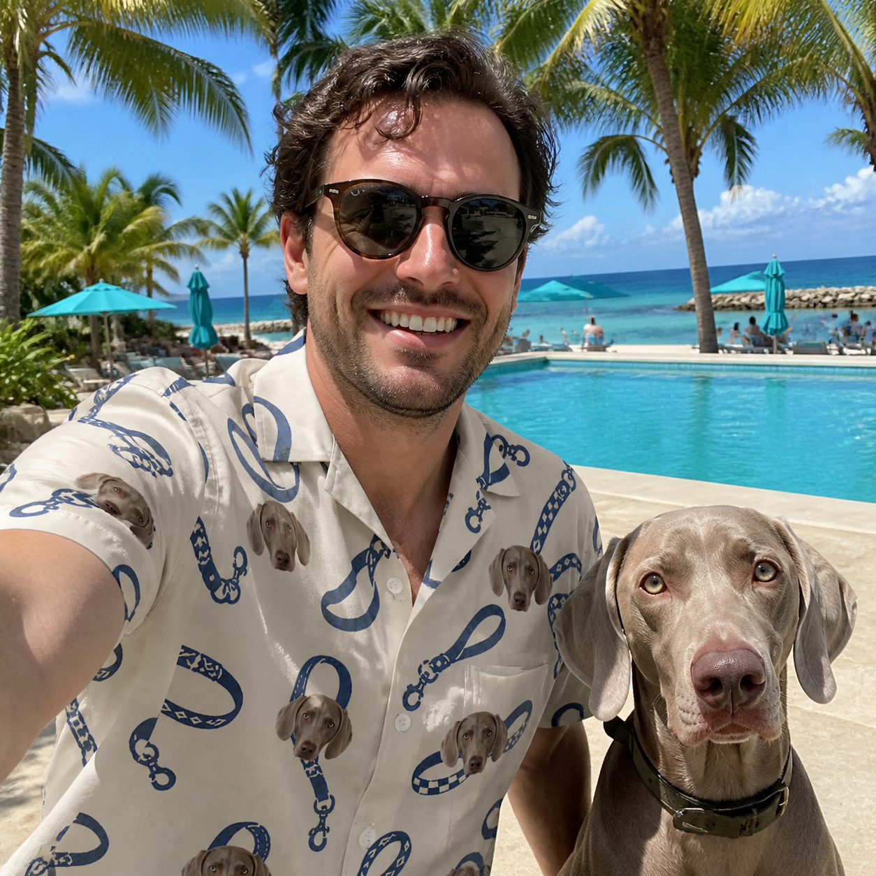 Selfie with the pet whose face is printed all over this Men's Leash Lineup Custom Dog Face Hawaiian Shirt