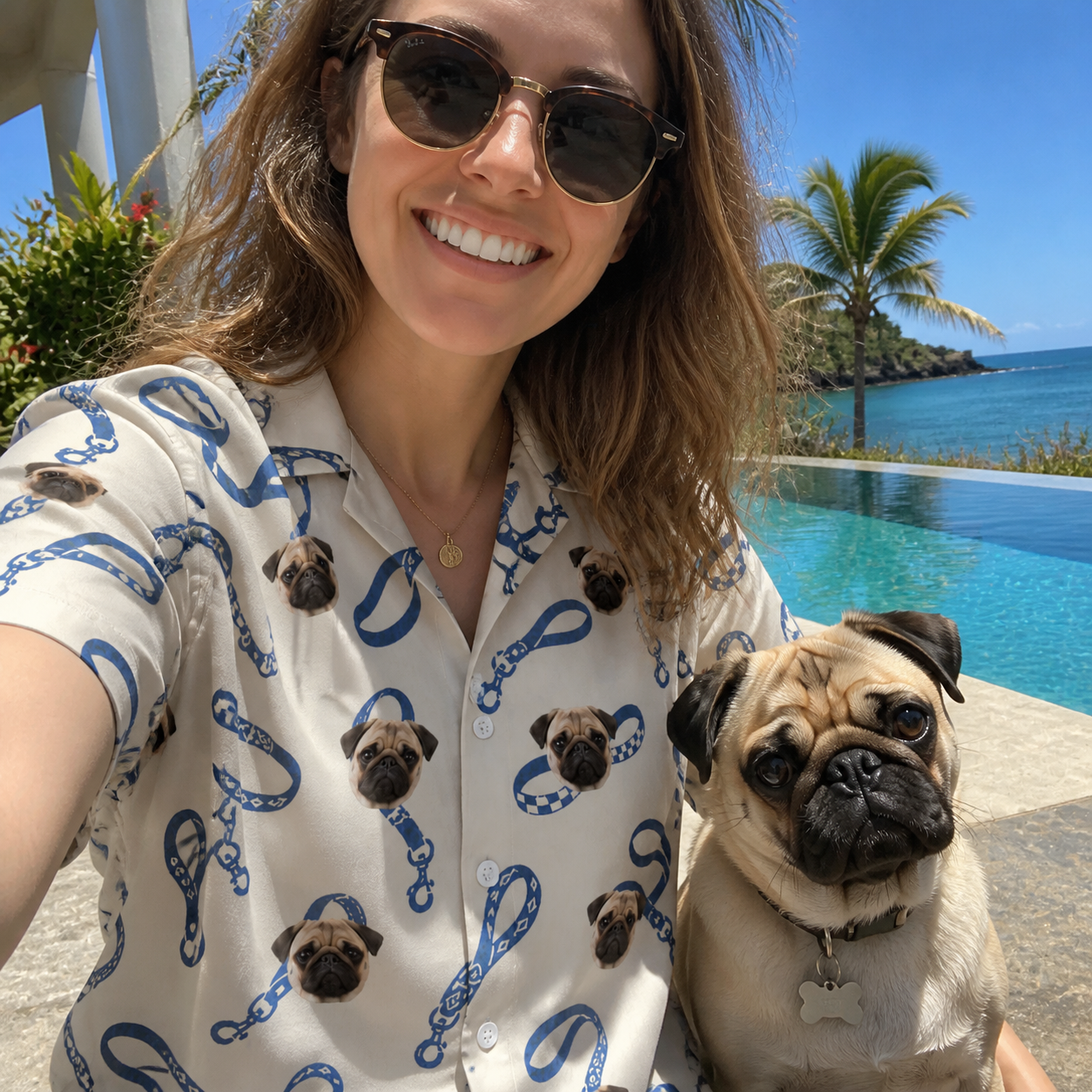 Selfie with the pet whose face is printed all over this Women's Leash Lineup Custom Dog Face Hawaiian Shirt
