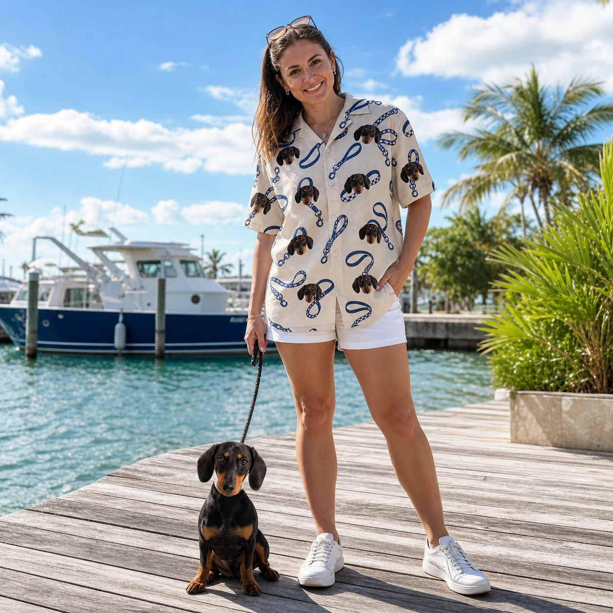 Full-length photo with the pet printed all over this Women's Leash Lineup Custom Dog Face Hawaiian Shirt