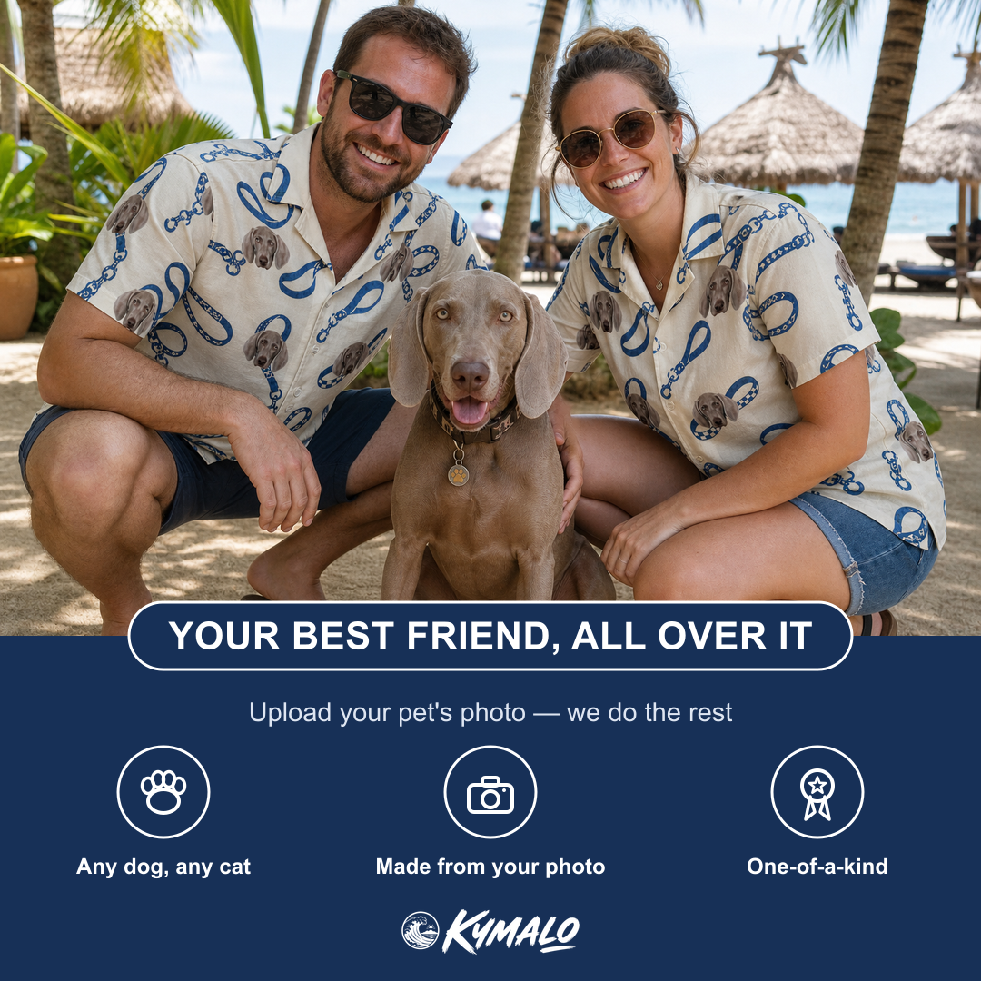 Friends in matching Women's Leash Lineup Custom Dog Face Hawaiian Shirt — a group gift photo