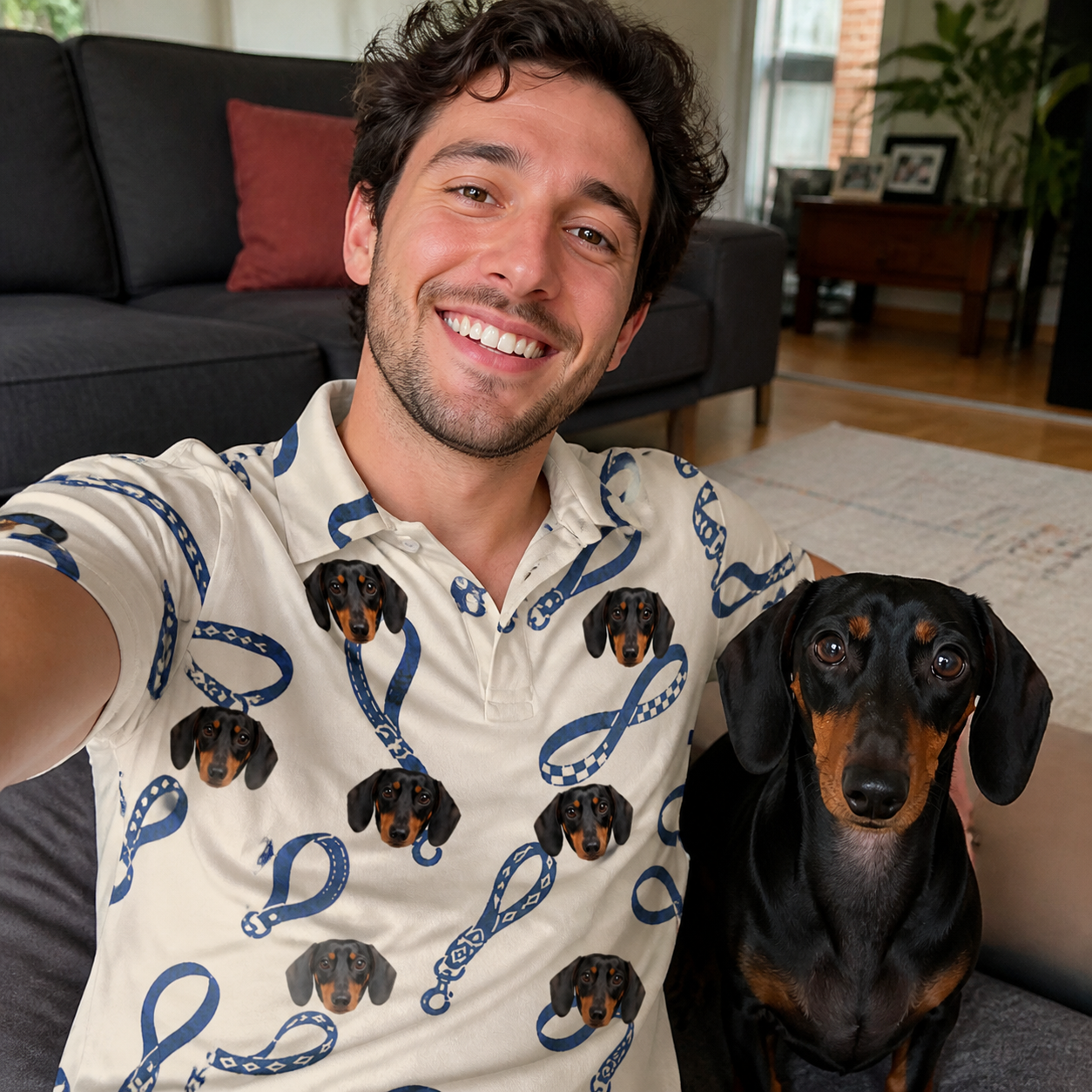 Selfie with the pet whose face is printed all over this Men's Leash Lineup Custom Dog Face Polo Shirt