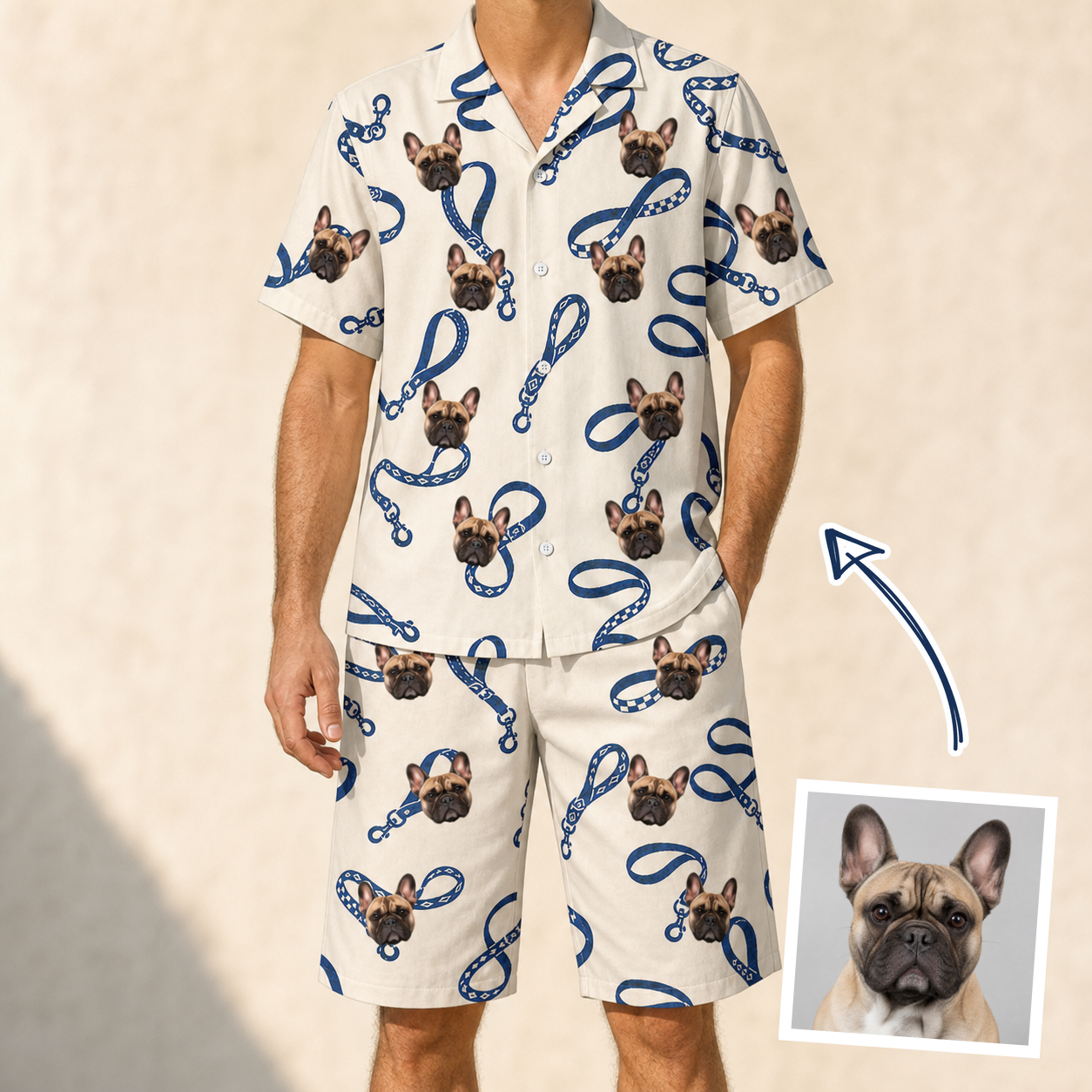 Man wearing Men's Leash Lineup Custom Dog Face Shirt & Shorts Set — custom faces printed all-over