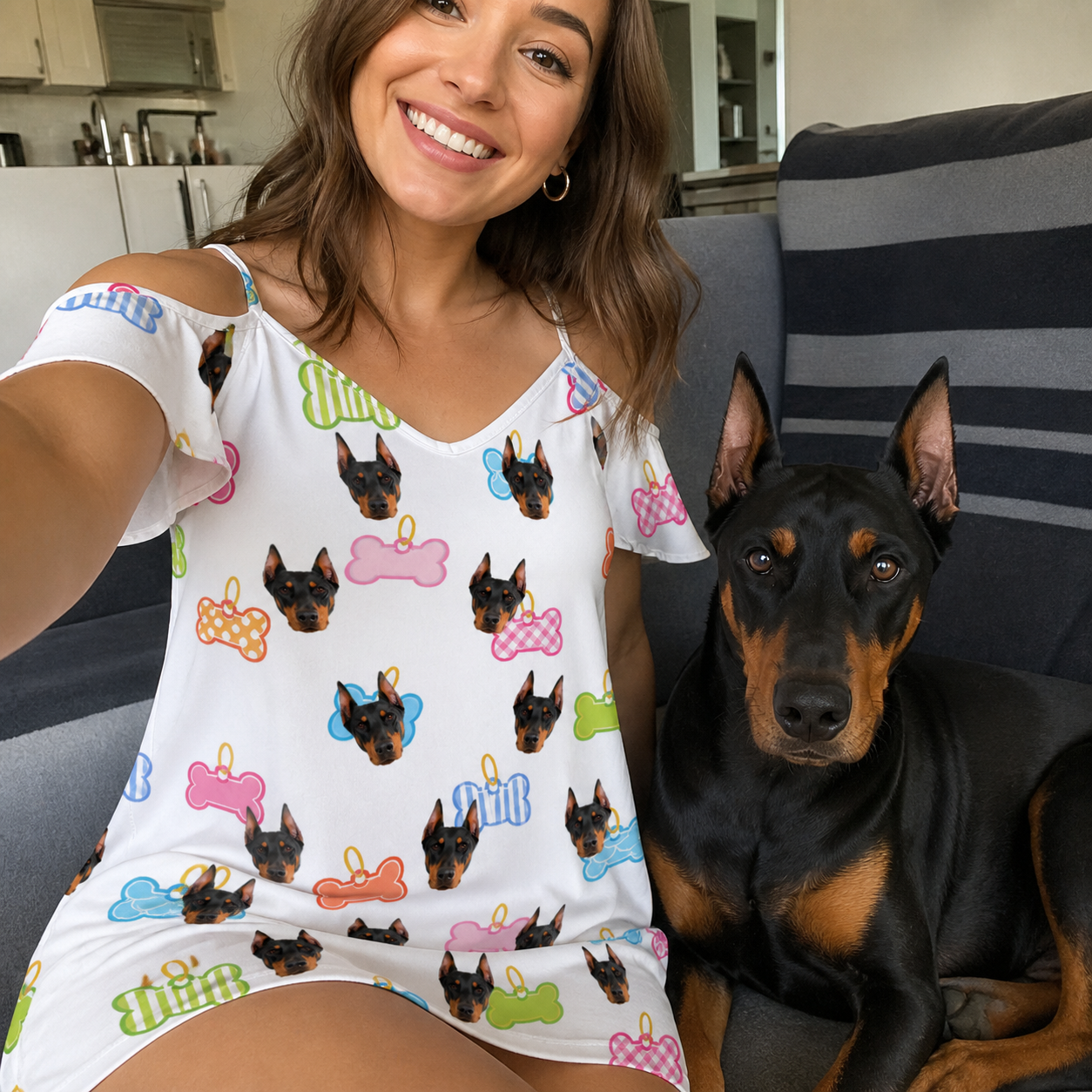 Selfie with the pet whose face is printed all over this Women's Tag Wag Custom Dog Face Off-Shoulder Dress