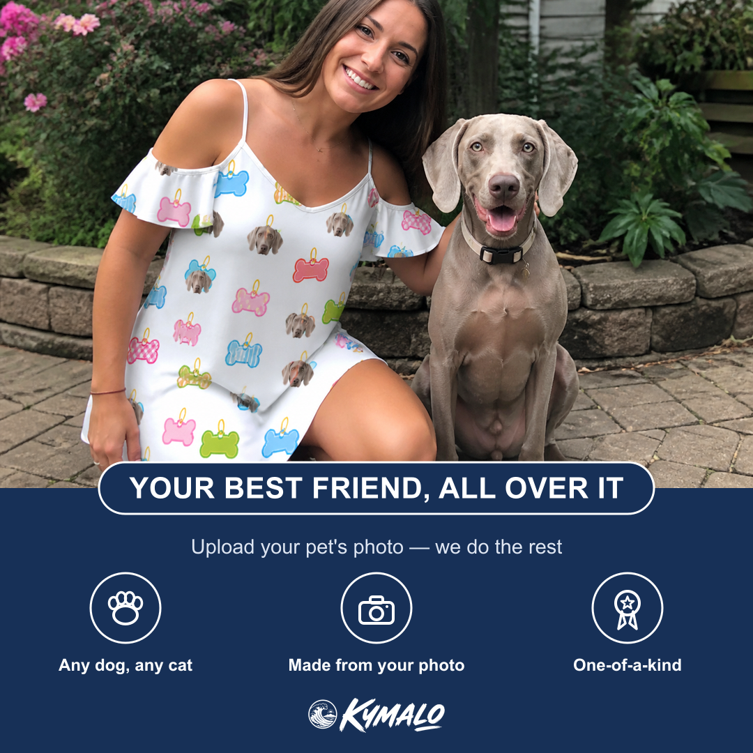 Friends in matching Women's Tag Wag Custom Dog Face Off-Shoulder Dress — a group gift photo