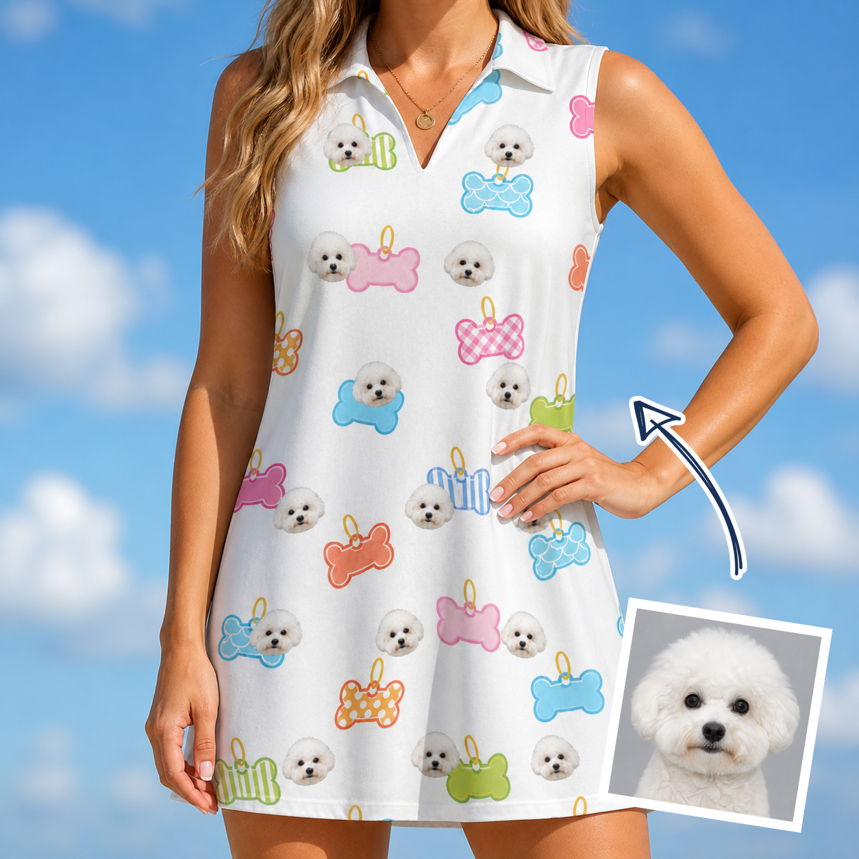 Woman wearing Women's Tag Wag Custom Dog Face V-Neck Dress — custom faces printed all-over