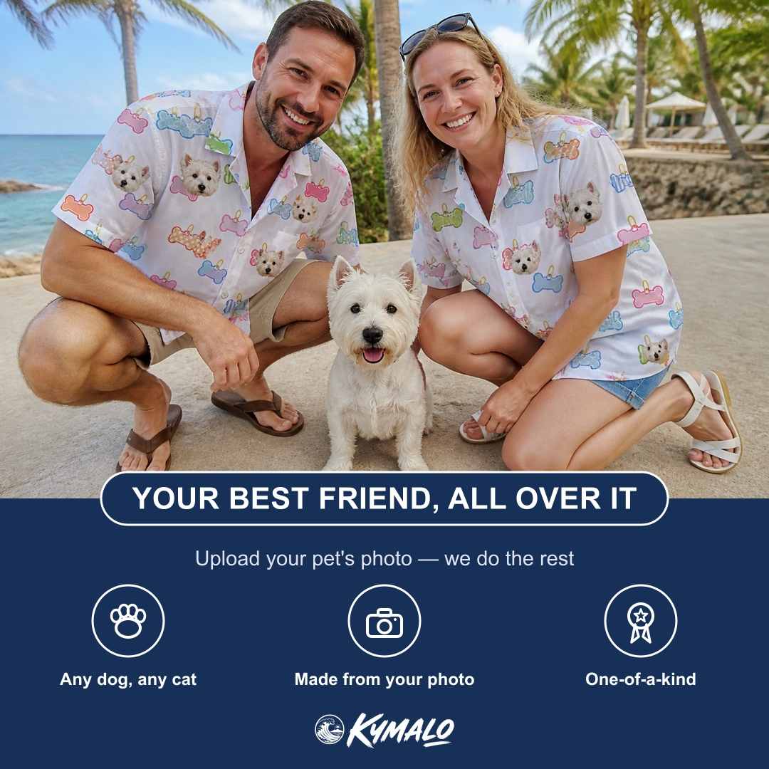 Friends in matching Men's Tag Wag Custom Dog Face Hawaiian Shirt — a group gift photo
