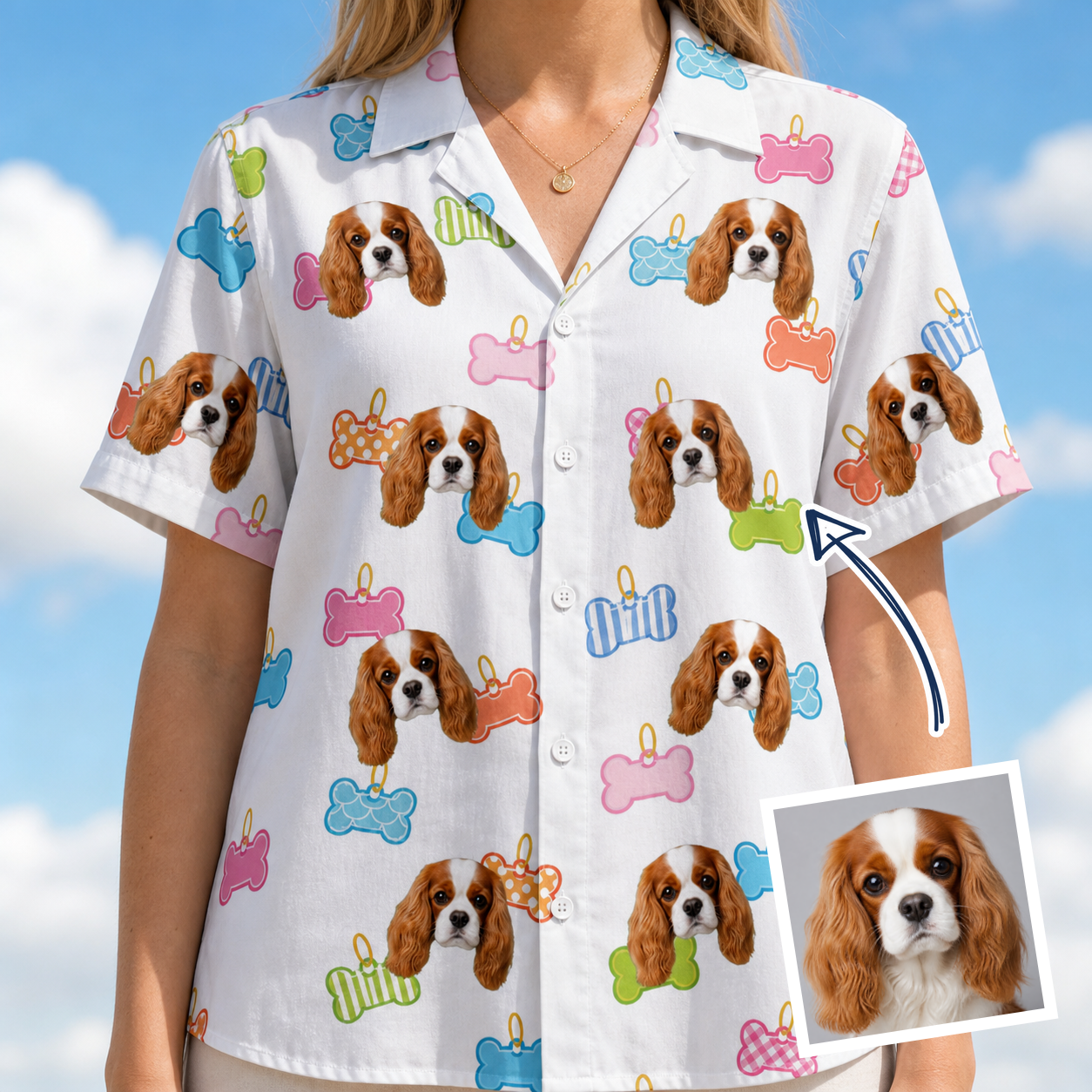Woman wearing Women's Tag Wag Custom Dog Face Hawaiian Shirt — custom faces printed all-over