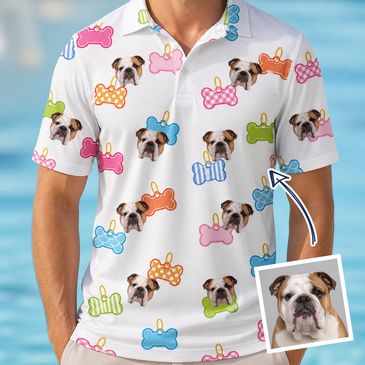 Man wearing Men's Tag Wag Custom Dog Face Polo Shirt — custom faces printed all-over