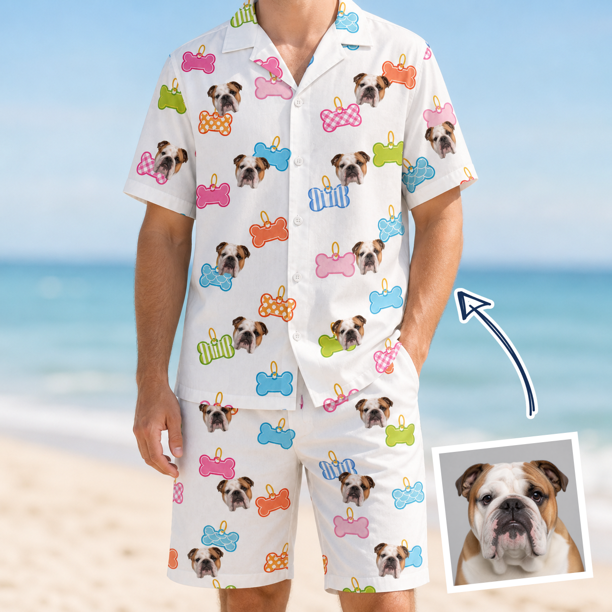 Man wearing Men's Tag Wag Custom Dog Face Shirt & Shorts Set — custom faces printed all-over