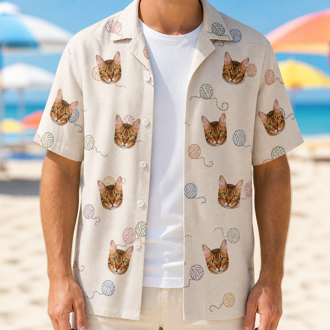 Man wearing Men's Skein Snoopers Custom Cat Face Hawaiian Shirt open over a white tee