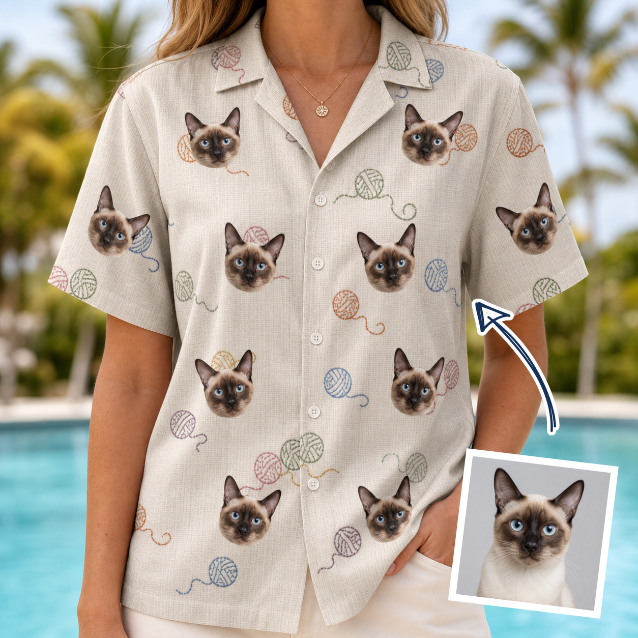 Woman wearing Women's Skein Snoopers Custom Cat Face Hawaiian Shirt — custom faces printed all-over