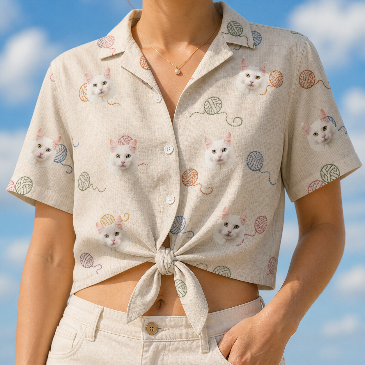 Woman wearing Women's Skein Snoopers Custom Cat Face Hawaiian Shirt tied at the waist