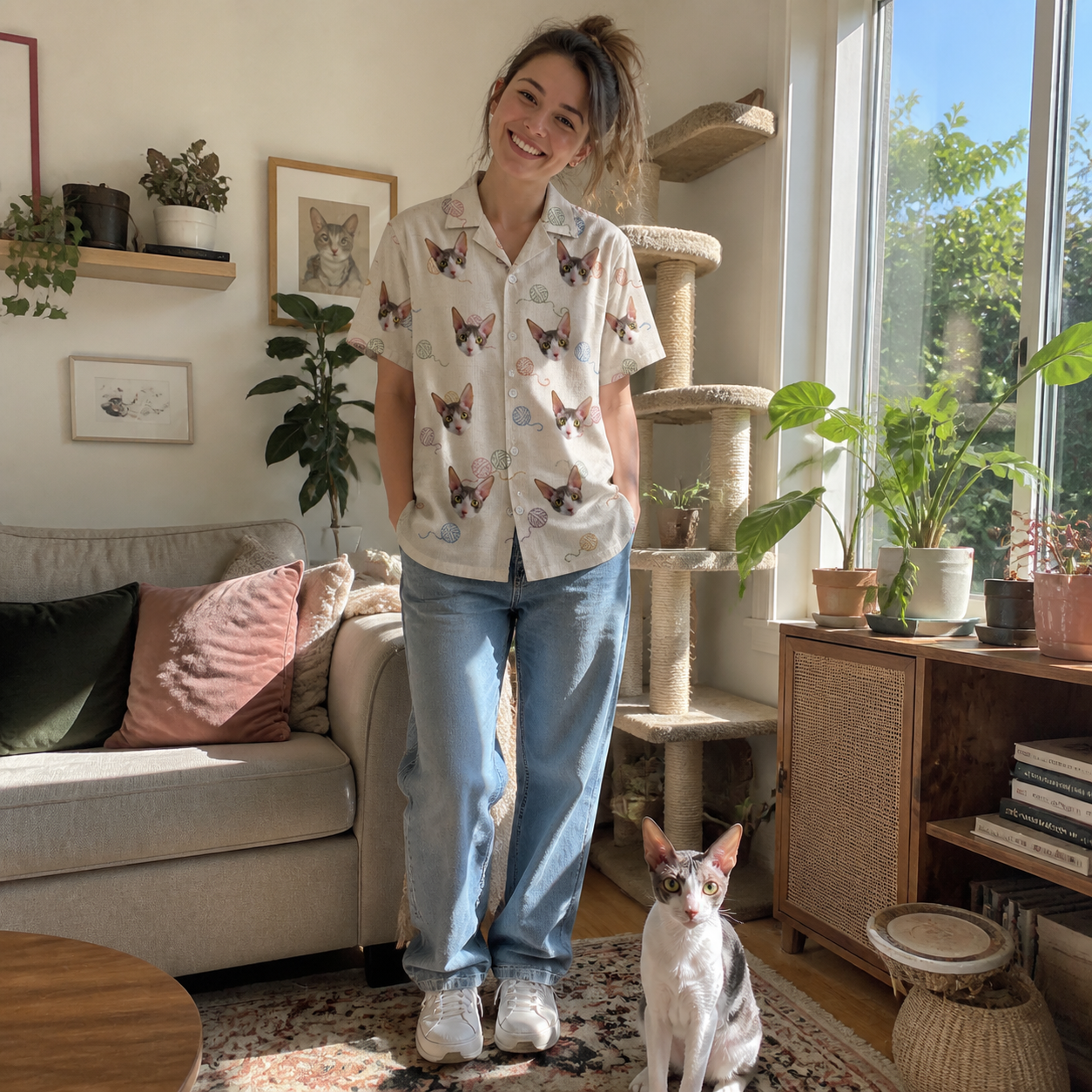 Full-length photo with the pet printed all over this Women's Skein Snoopers Custom Cat Face Hawaiian Shirt