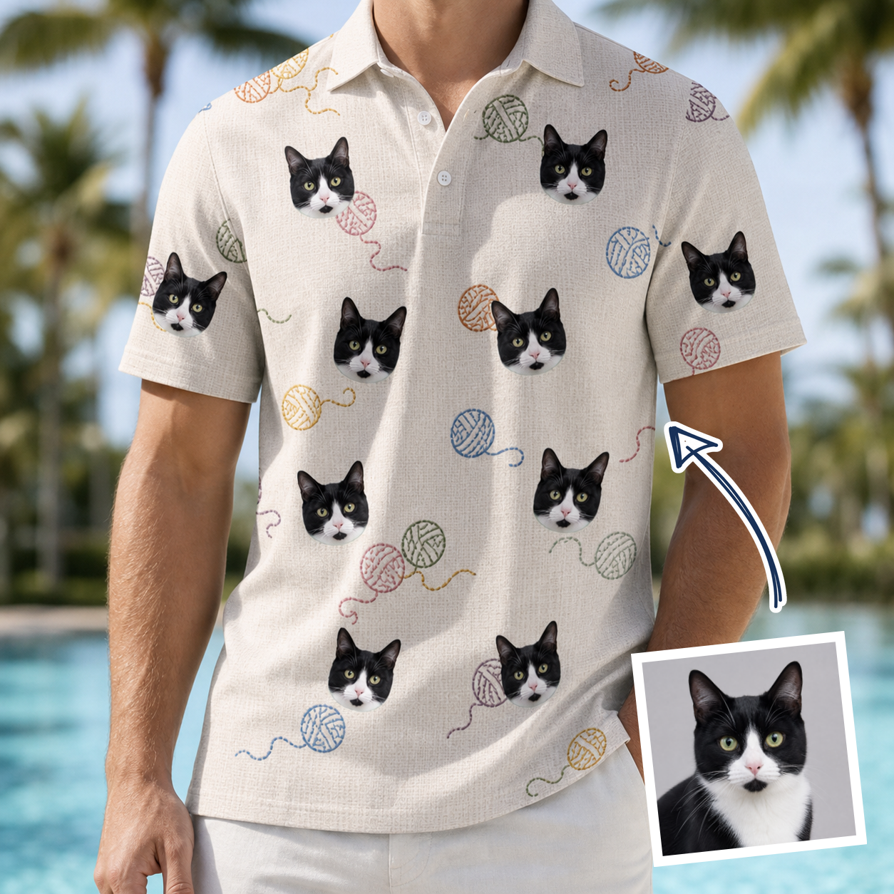 Man wearing Men's Skein Snoopers Custom Cat Face Polo Shirt — custom faces printed all-over