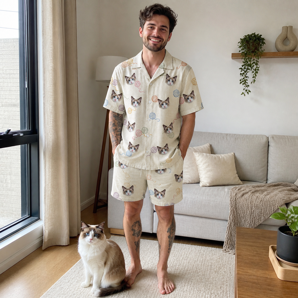Full-length photo with the pet printed all over this Men's Skein Snoopers Custom Cat Face Shirt & Shorts Set