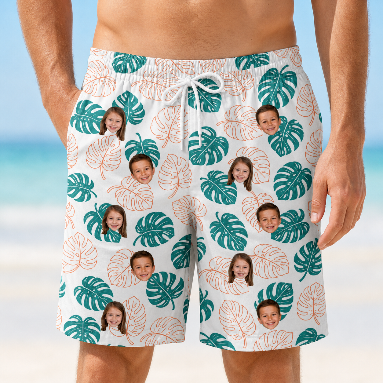 Model wearing Men's Caladium Carnival Custom Face Beach Shorts printed with kids' faces