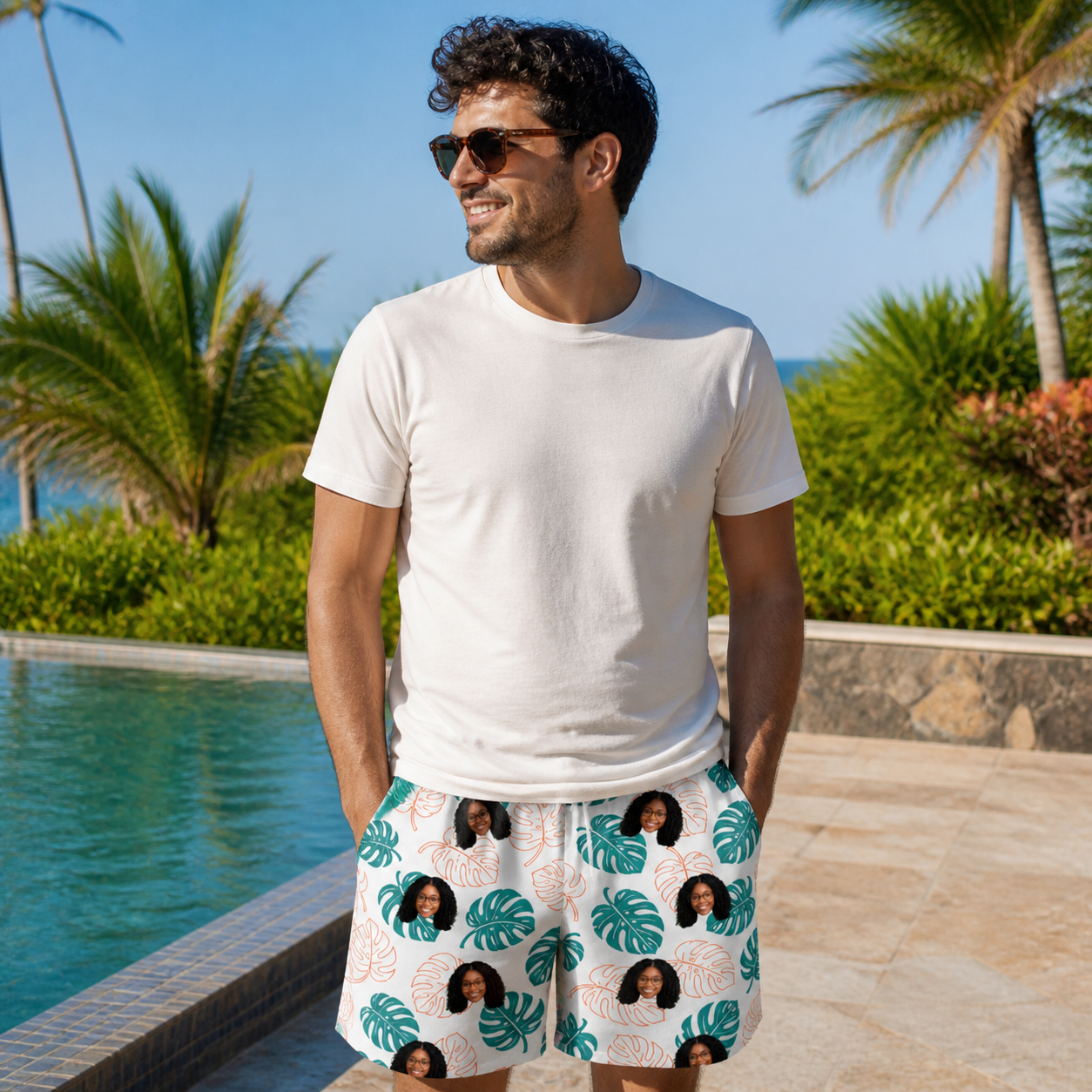Real-life photo of someone wearing Men's Caladium Carnival Custom Face Beach Shorts — custom faces printed all-over
