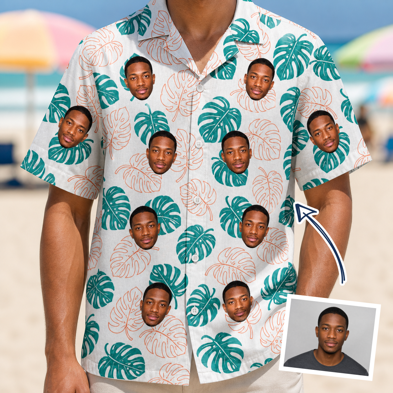 Man wearing Men's Caladium Carnival Custom Face Hawaiian Shirt — custom faces printed all-over