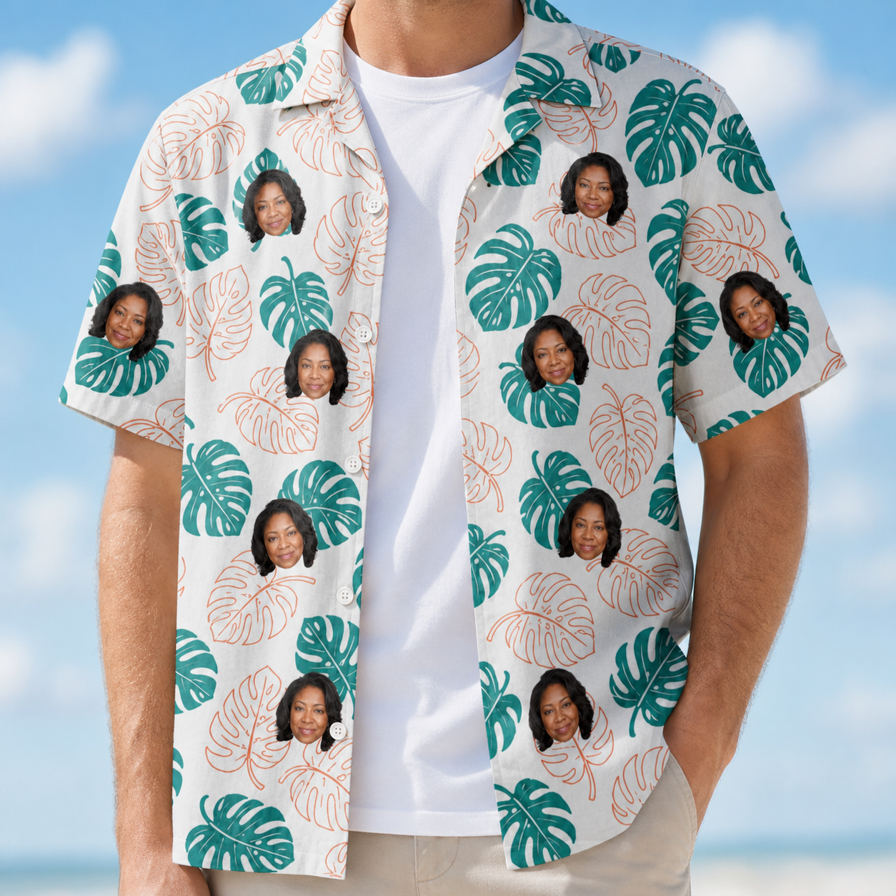 Man wearing Men's Caladium Carnival Custom Face Hawaiian Shirt open over a white tee