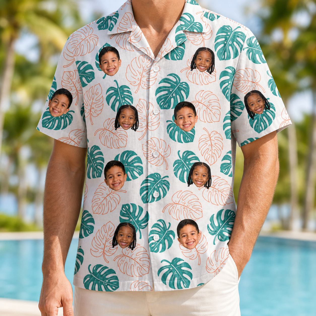 Model wearing Men's Caladium Carnival Custom Face Hawaiian Shirt printed with kids' faces