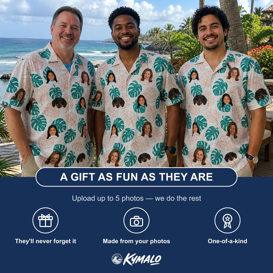 Friends in matching Men's Caladium Carnival Custom Face Hawaiian Shirt — a group gift photo