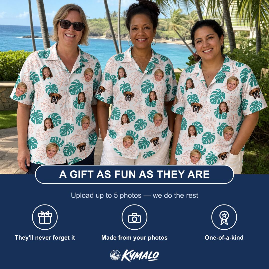 Friends in matching Women's Caladium Carnival Custom Face Hawaiian Shirt — a group gift photo