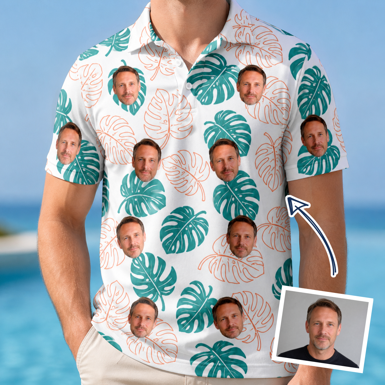 Man wearing Men's Caladium Carnival Custom Face Polo Shirt — custom faces printed all-over