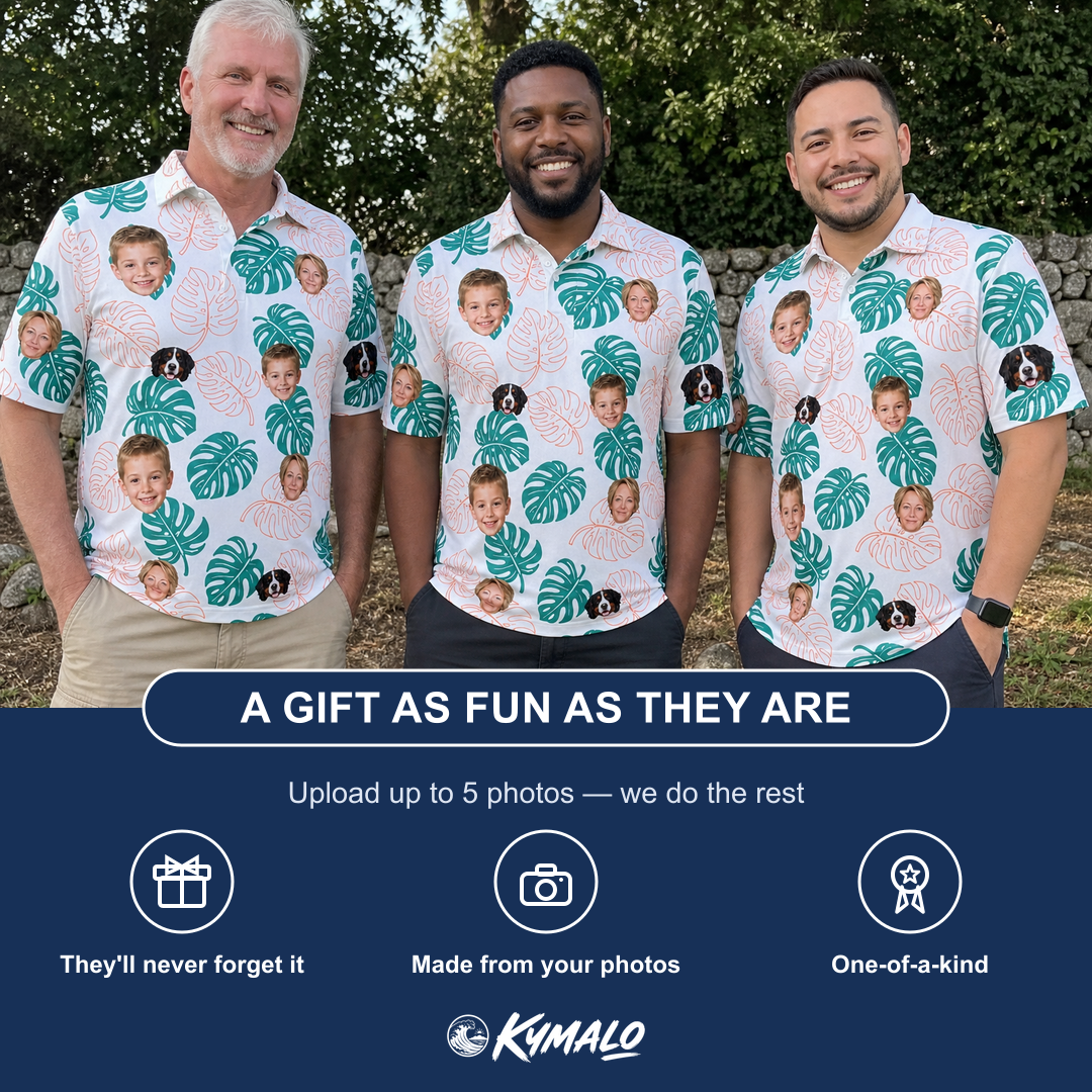 Friends in matching Men's Caladium Carnival Custom Face Polo Shirt — a group gift photo
