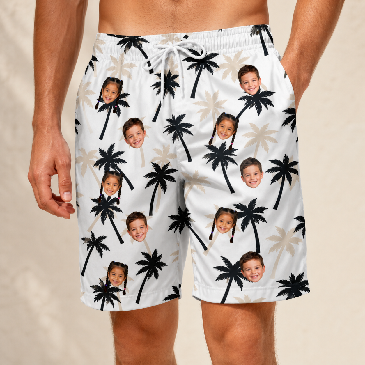 Model wearing Men's Ylang Ylang Custom Face Beach Shorts printed with kids' faces