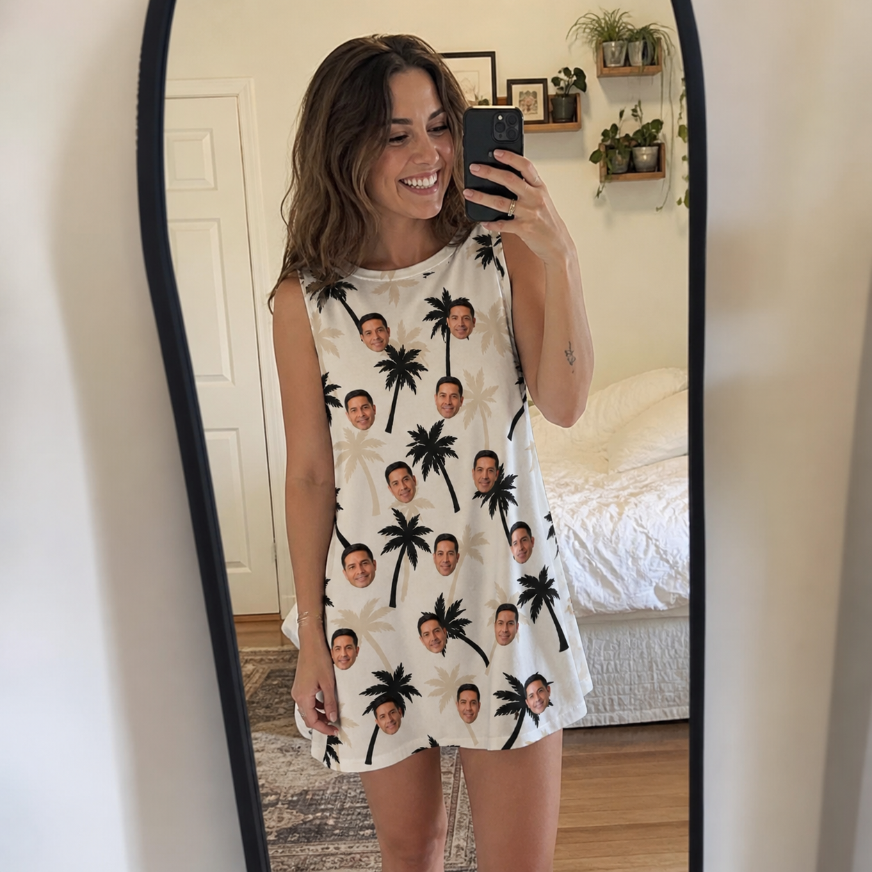 Real-life photo of someone wearing Women's Ylang Ylang Custom Face Tank Dress — custom faces printed all-over