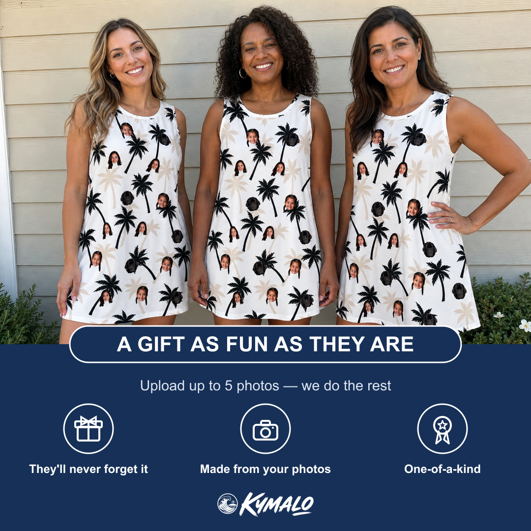 Friends in matching Women's Ylang Ylang Custom Face Tank Dress — a group gift photo