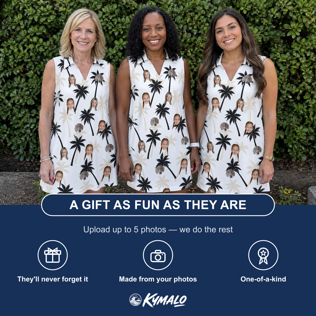 Friends in matching Women's Ylang Ylang Custom Face V-Neck Dress — a group gift photo