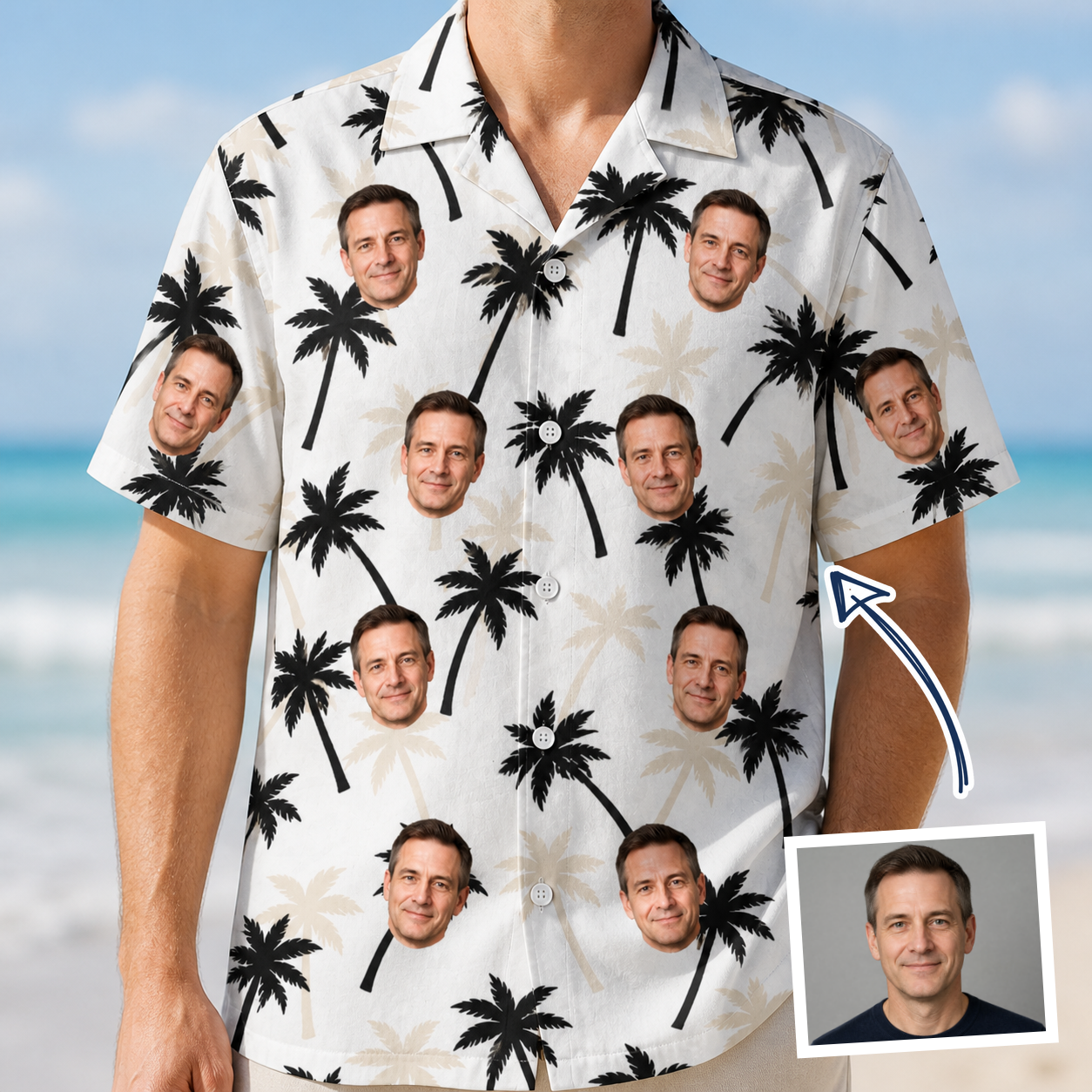 Man wearing Men's Ylang Ylang Custom Face Hawaiian Shirt — custom faces printed all-over