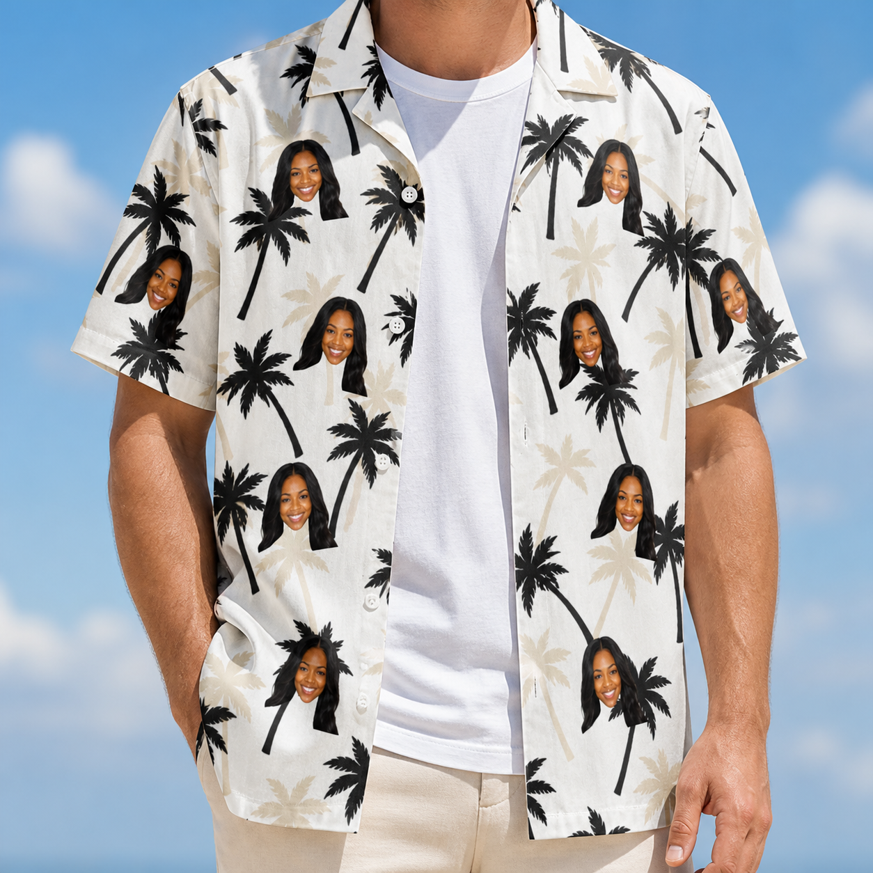 Man wearing Men's Ylang Ylang Custom Face Hawaiian Shirt open over a white tee
