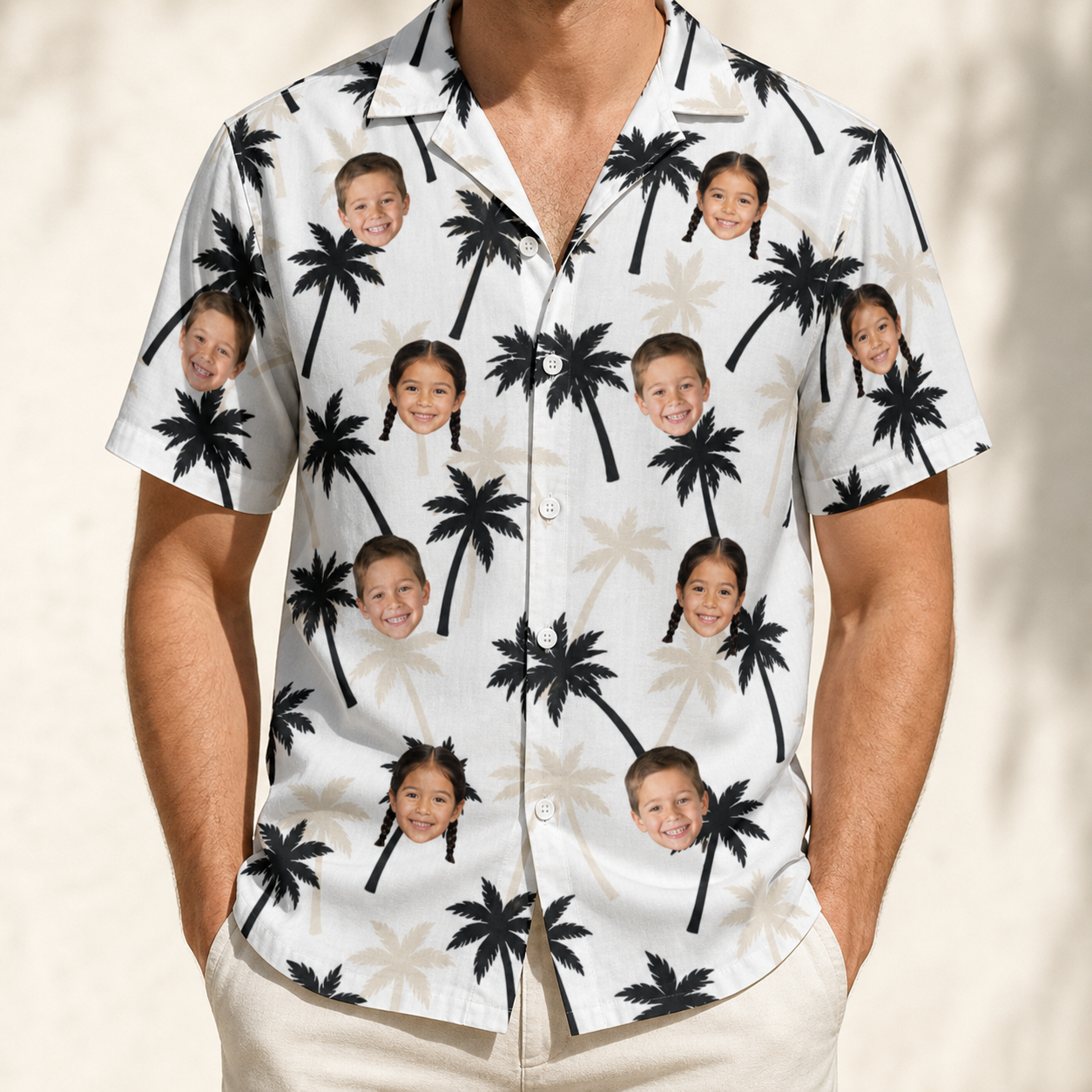 Model wearing Men's Ylang Ylang Custom Face Hawaiian Shirt printed with kids' faces