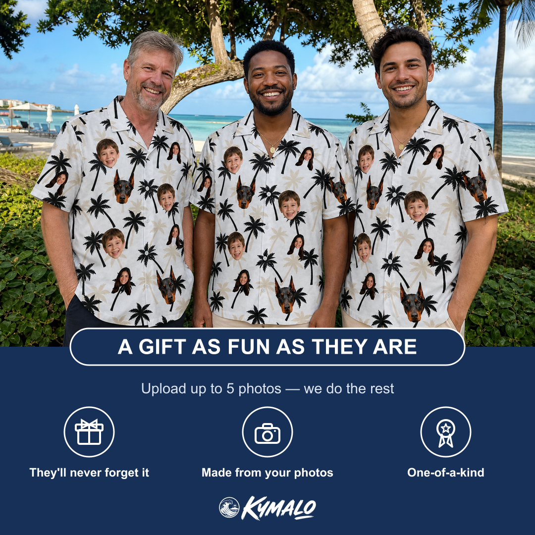 Friends in matching Men's Ylang Ylang Custom Face Hawaiian Shirt — a group gift photo