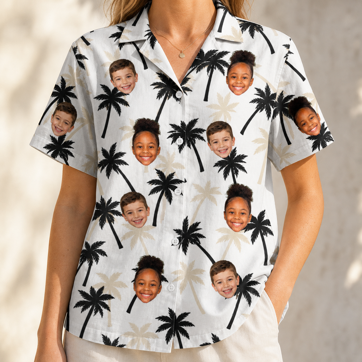 Model wearing Women's Ylang Ylang Custom Face Hawaiian Shirt printed with kids' faces