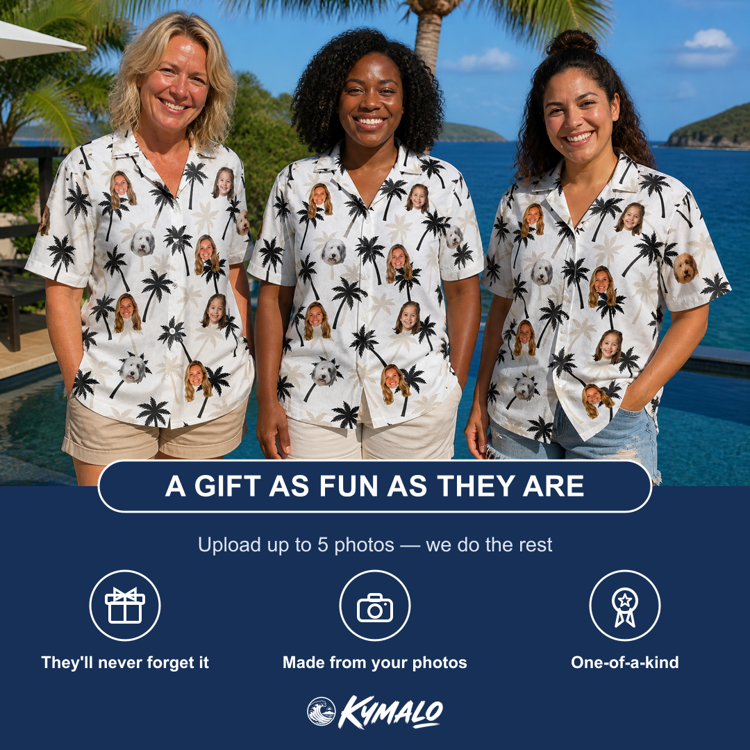 Friends in matching Women's Ylang Ylang Custom Face Hawaiian Shirt — a group gift photo