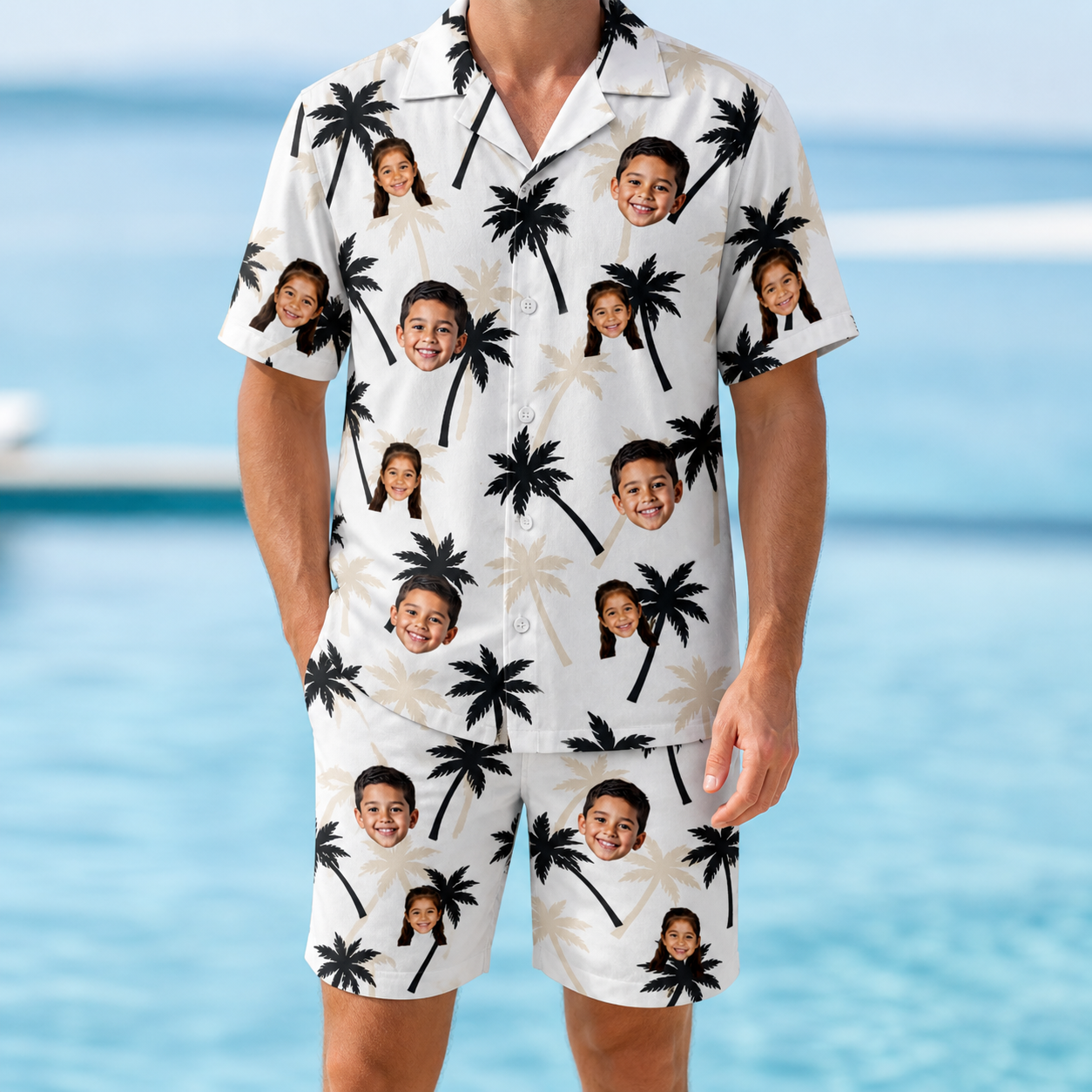 Model wearing Men's Ylang Ylang Custom Face Shirt & Shorts Set printed with kids' faces