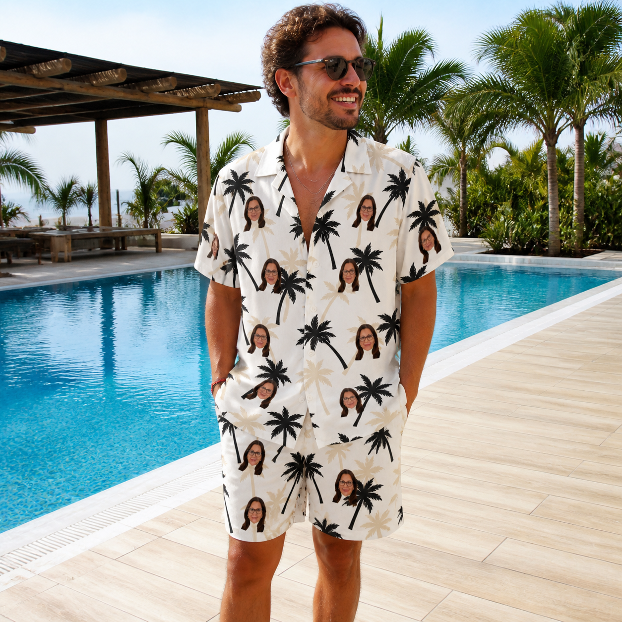 Real-life photo of someone wearing Men's Ylang Ylang Custom Face Shirt & Shorts Set — custom faces printed all-over