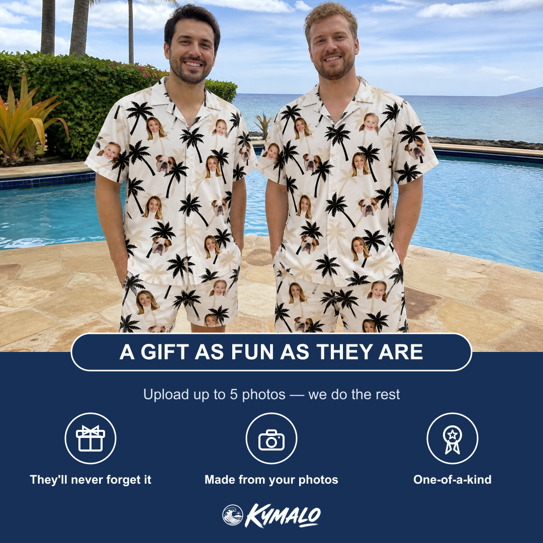 Friends in matching Men's Ylang Ylang Custom Face Shirt & Shorts Set — a group gift photo